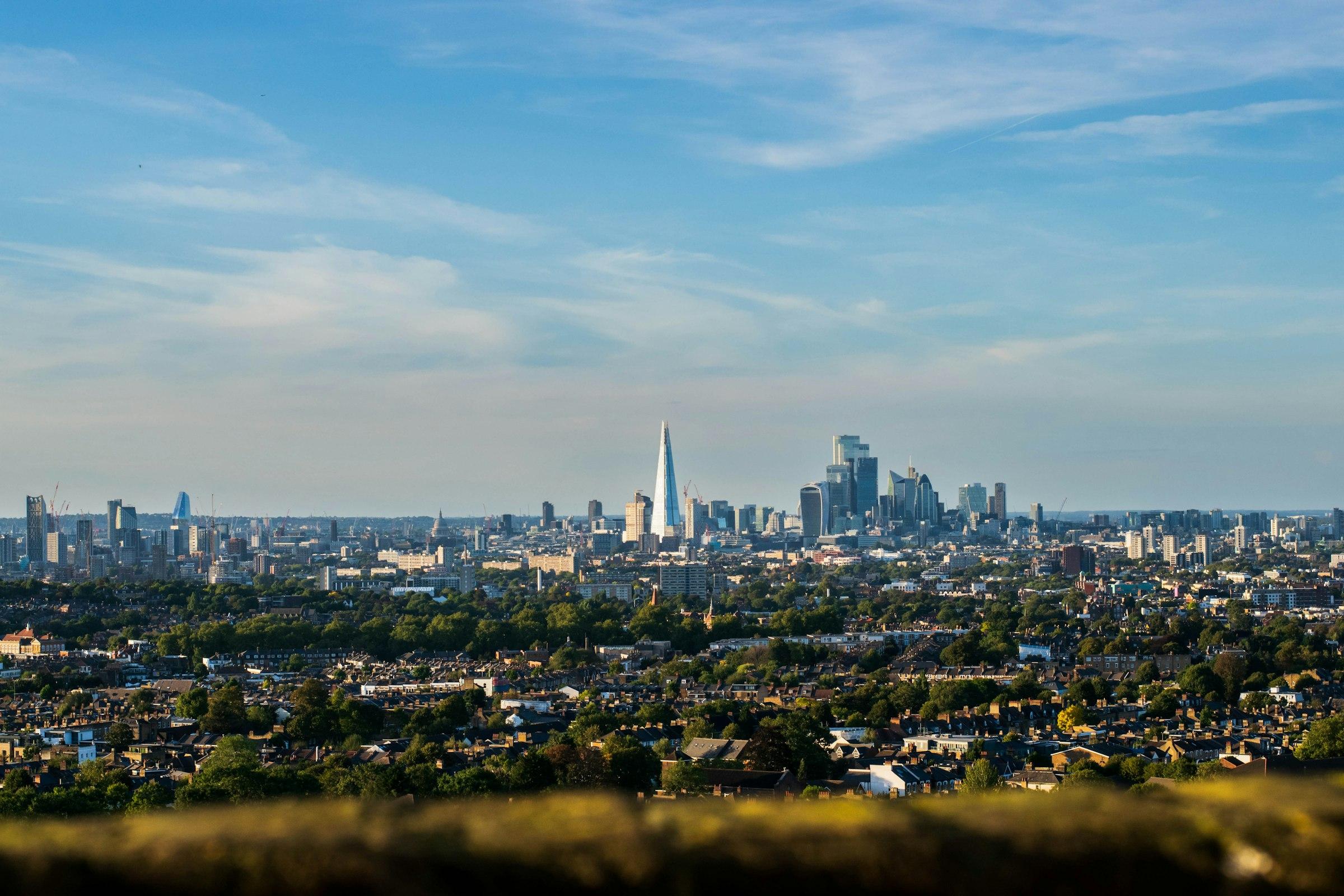 The London skyline seen from a distance across green parkland.