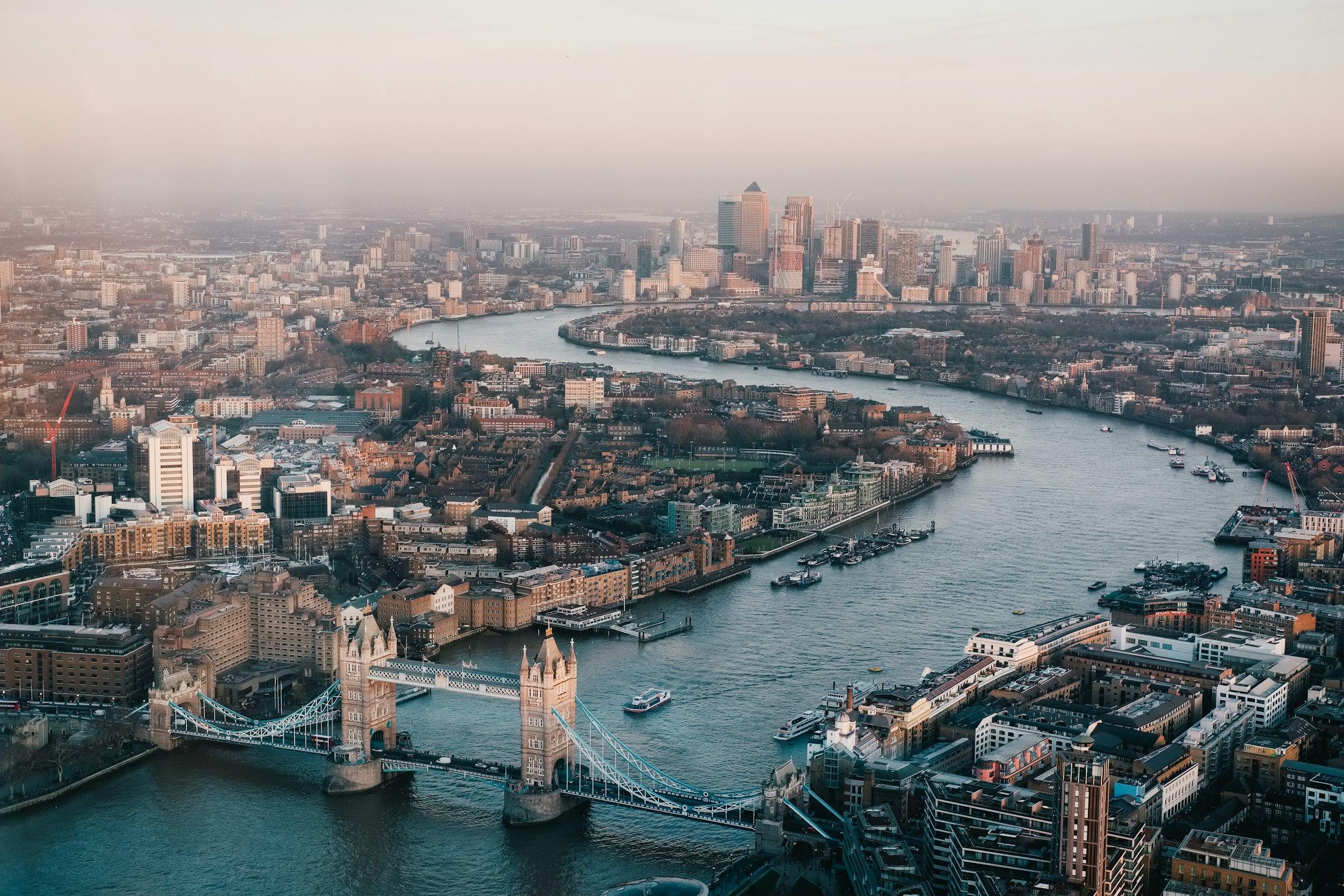 Panoramic view of the River Thames winding through London.
